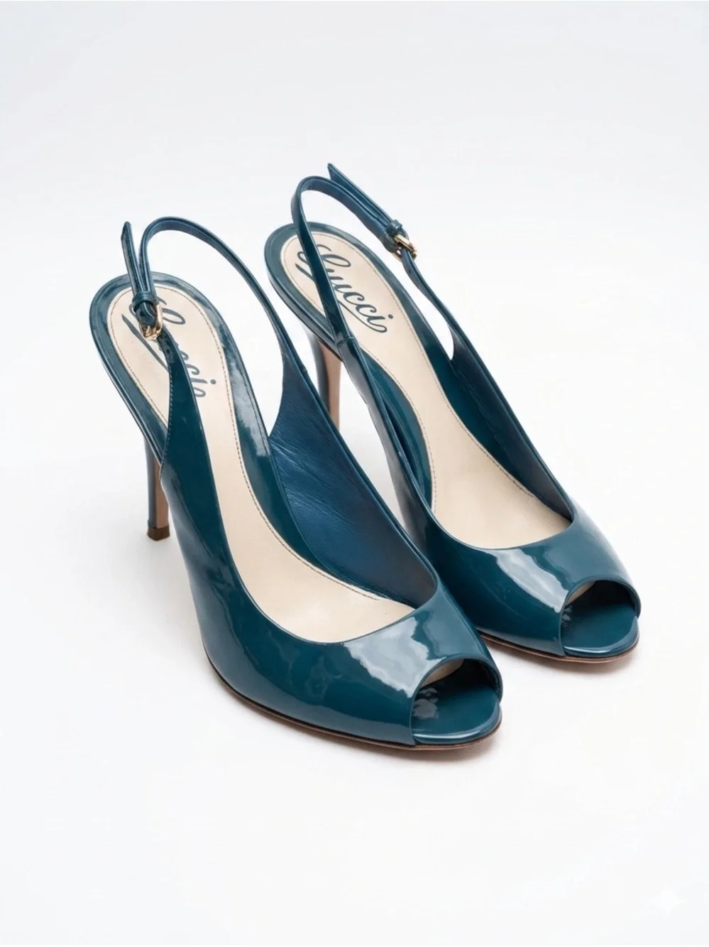 Gucci Teal Patent Peep-Toe Slingback Heels - Picture 1 of 8